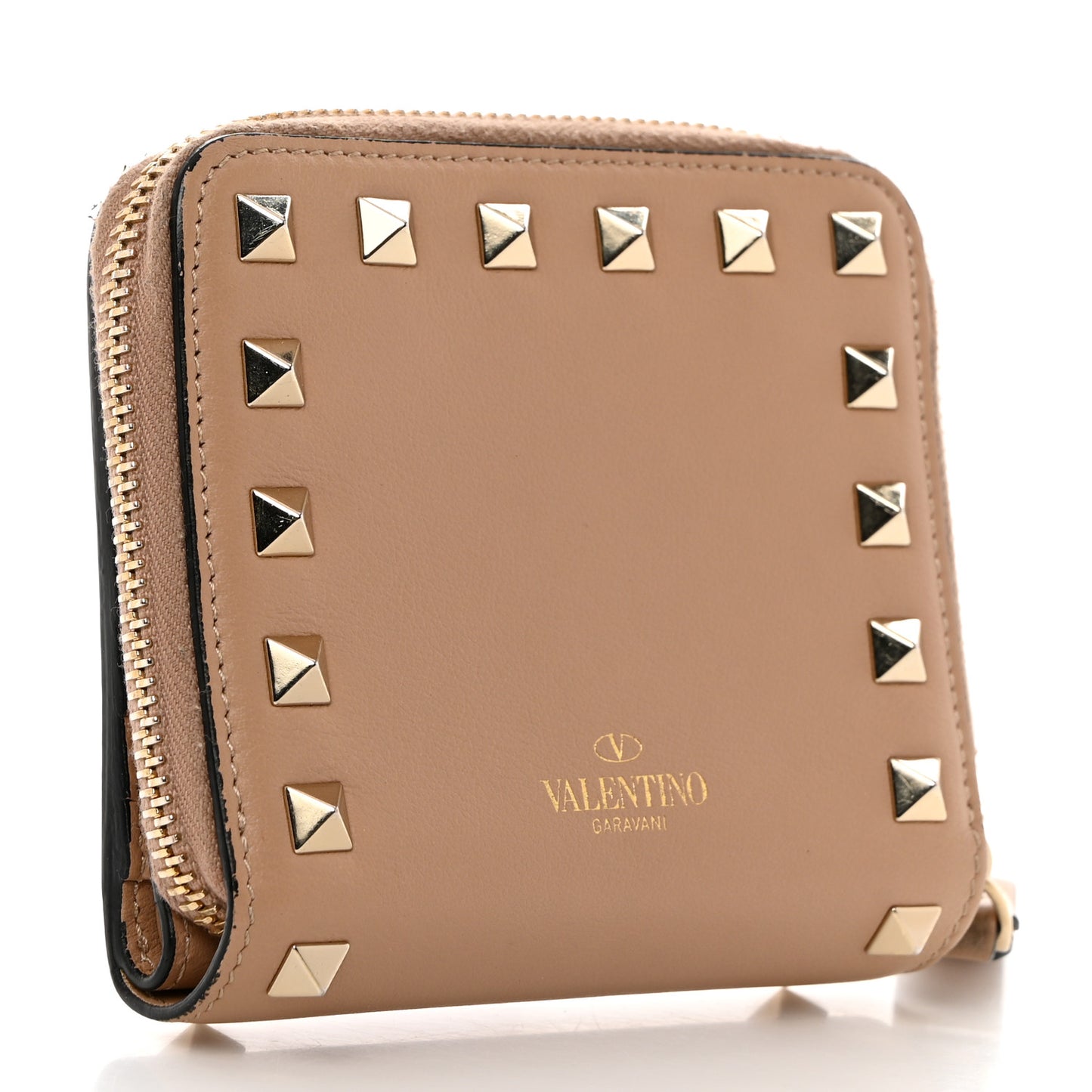 Calfskin Rockstud Compact Zip Around Wallet Camel Rose