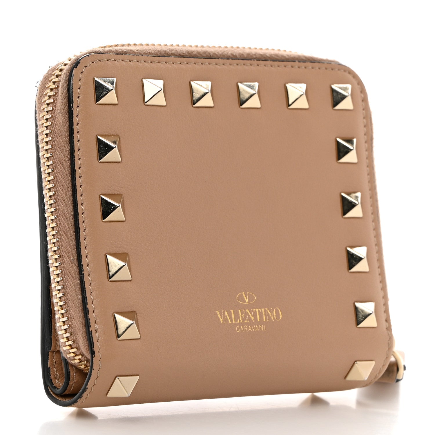 Valentino Garavani Calfskin Rockstud Compact Zip Around Wallet Camel Rose 3 of 8