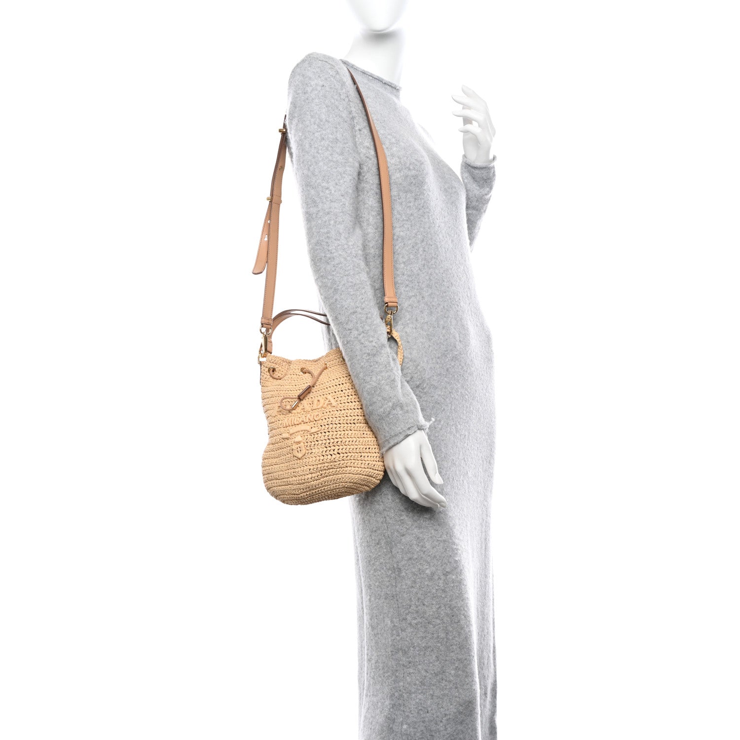 Prada Yarn Raffia Effect Crochet Small Bucket Bag Naturale 2 of 9