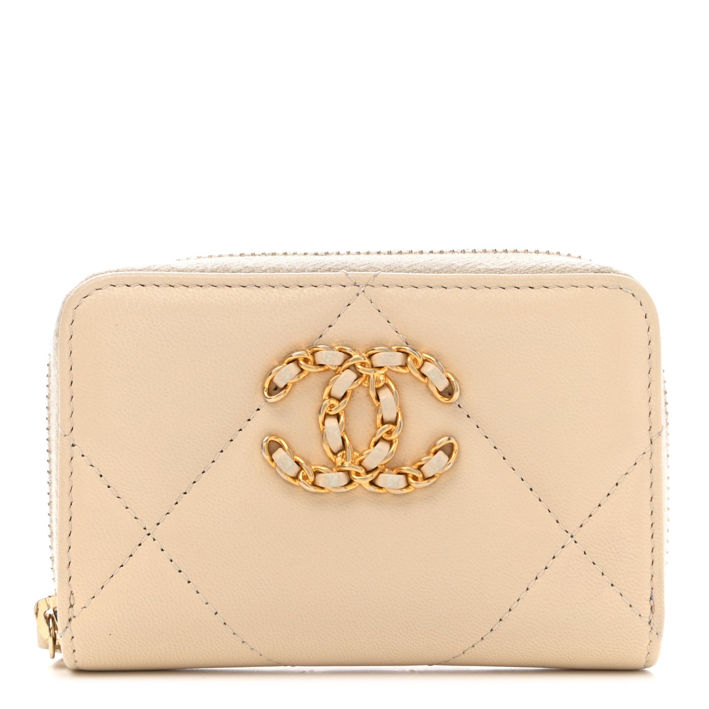 Lambskin Quilted 19 Zip Around Coin Purse Wallet Beige