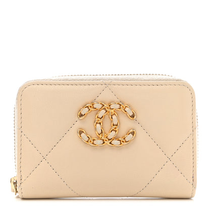 Chanel Lambskin Quilted 19 Zip Around Coin Purse Wallet Beige 1 of 9