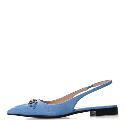 Gucci Canvas GG Monogram Horsebit Womens Slingback Ballet Flat 37.5 Light Blue 1 of 9