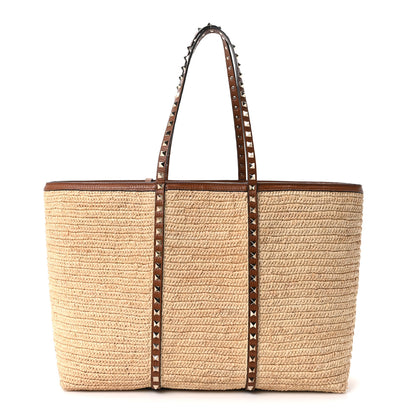 Valentino Garavani Raffia Calfskin Rockstud Shopping Tote Naturale Saddle Brown 1 of 10