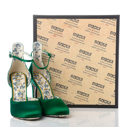 Gucci Satin Daisy Ankle Strap d'Orsay 105 Pumps 38 Emerald Green 9 of 9