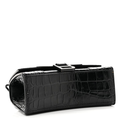 Balenciaga Shiny Calfskin Monochrome Crocodile Embossed Hourglass Top Handle Bag XS Black 4 of 11
