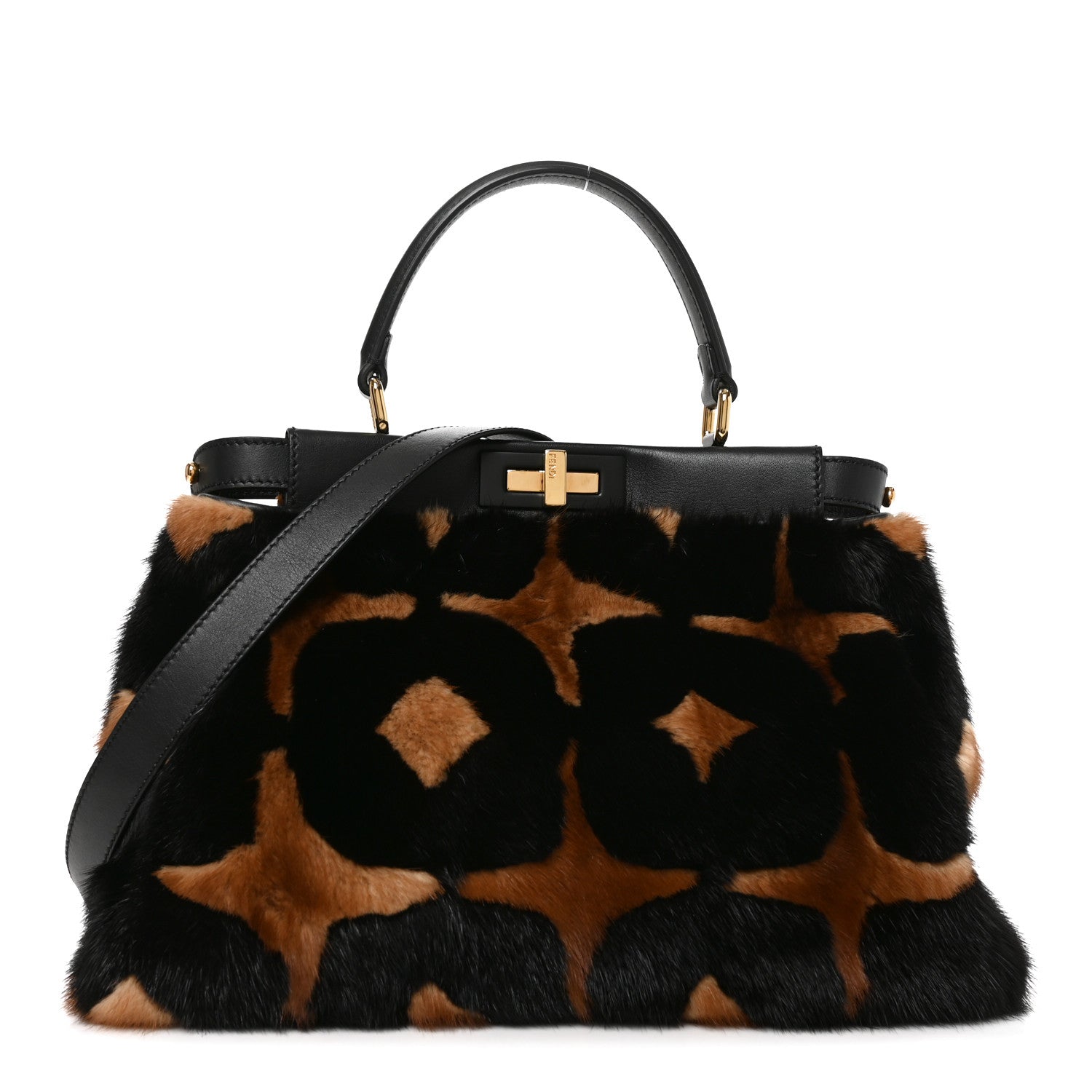 Fendi Mink Velvet Vitello Seta Inlaid Medium Peekaboo Iconic Satchel Tobacco Moro Black 1 of 9