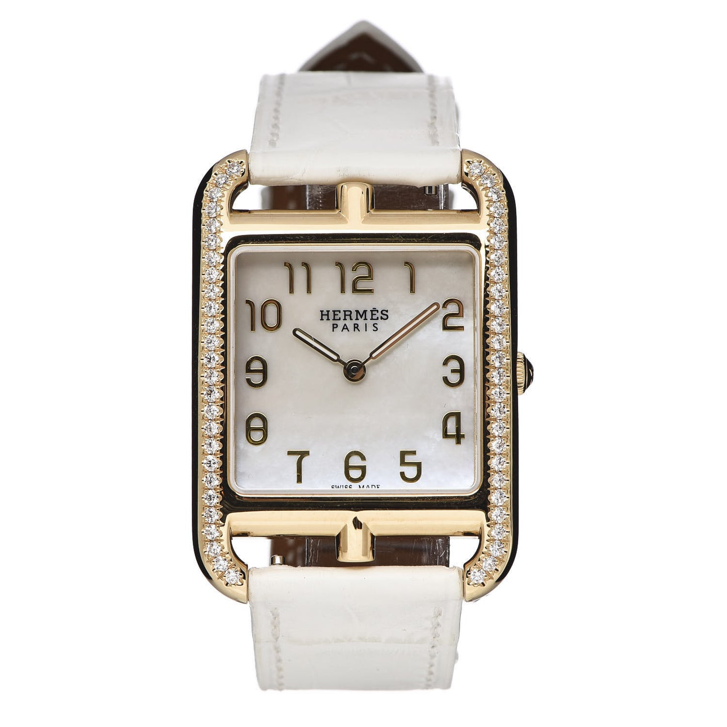 18K Yellow Gold Alligator Diamond Bezel Mother of Pearl 29mm Cape Cod Quartz Watch Blanc