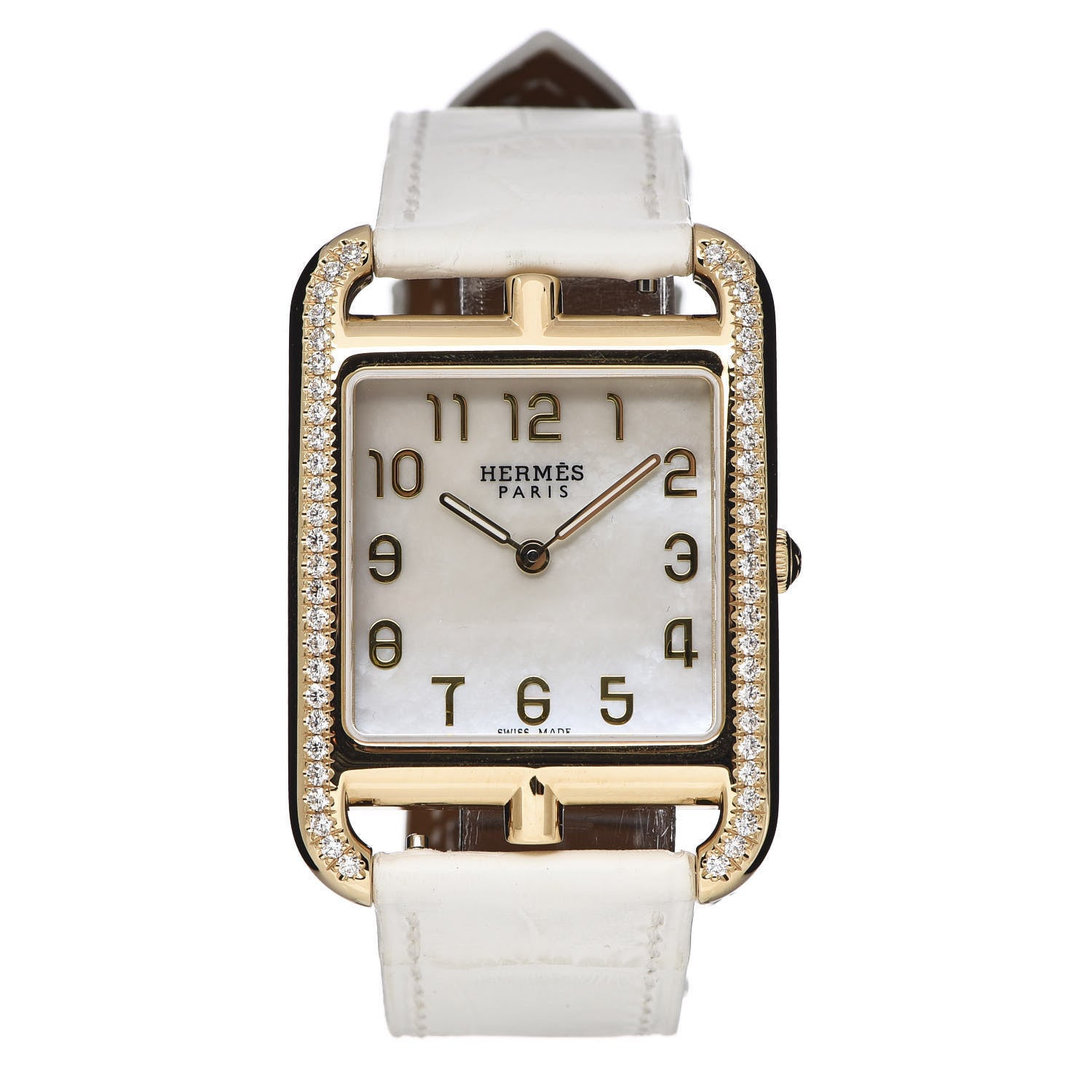 Hermes 18K Yellow Gold Alligator Diamond Bezel Mother of Pearl 29mm Cape Cod Quartz Watch Blanc 1 of 10