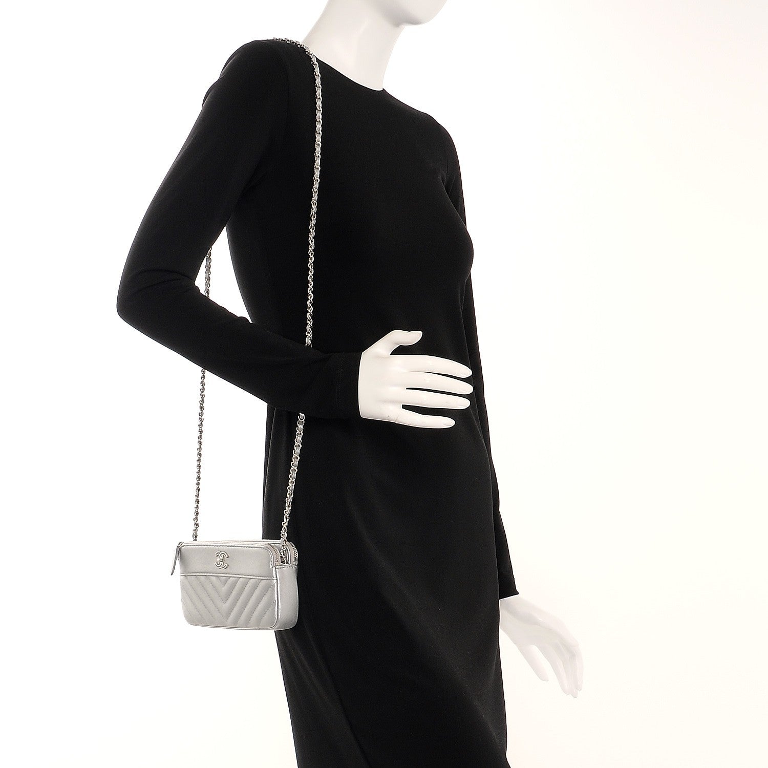 Chanel Metallic Sheepskin Chevron Quilted Small Clutch With Chain Silver 2 of 10