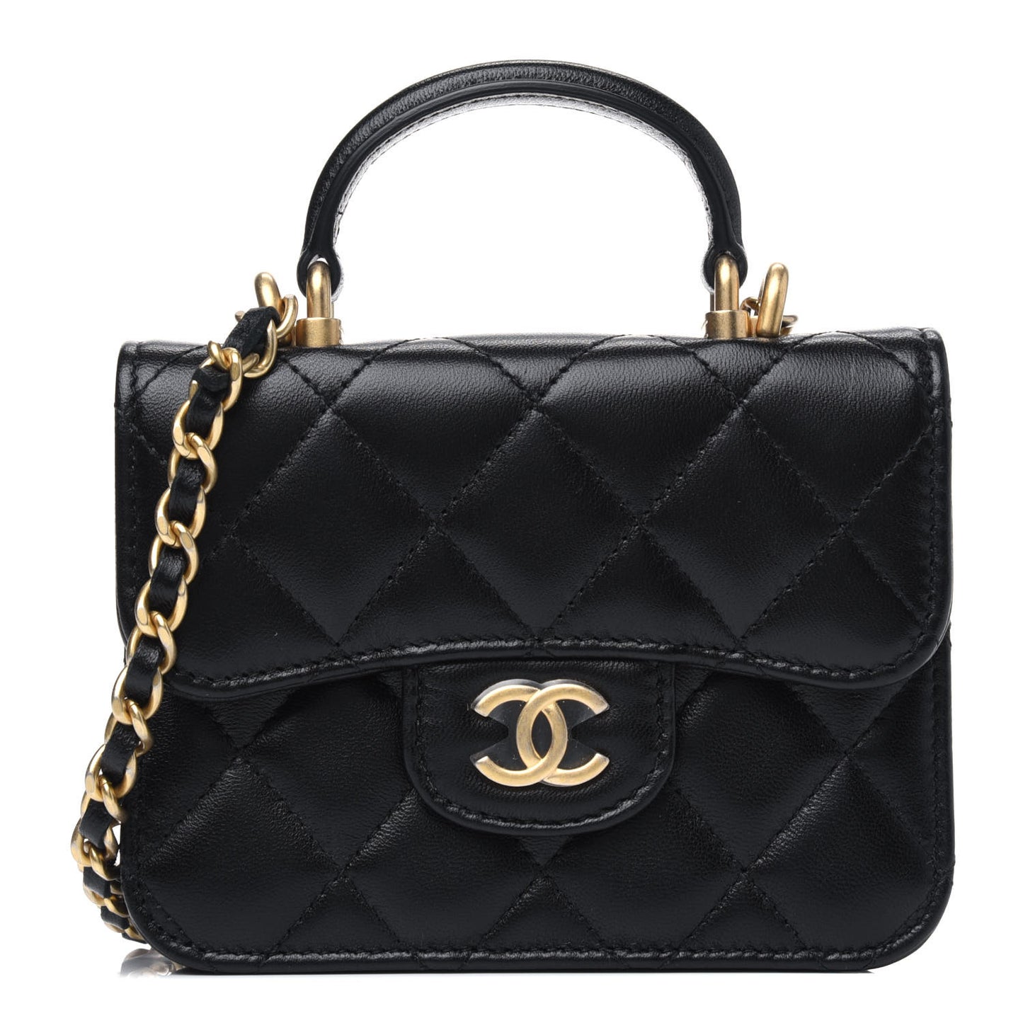 Lambskin Quilted Top Handle Flap Coin Purse With Chain Black