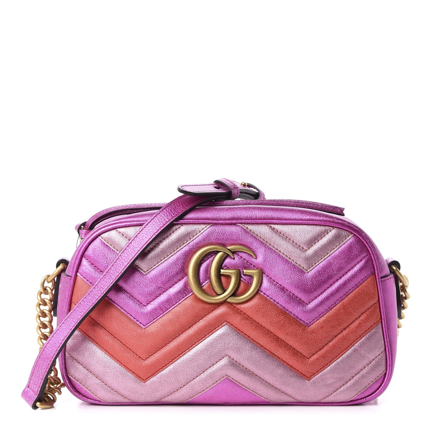 Laminated Nappa Matelasse Small GG Marmont Chain Shoulder Bag Fuxia Rosso Rosa