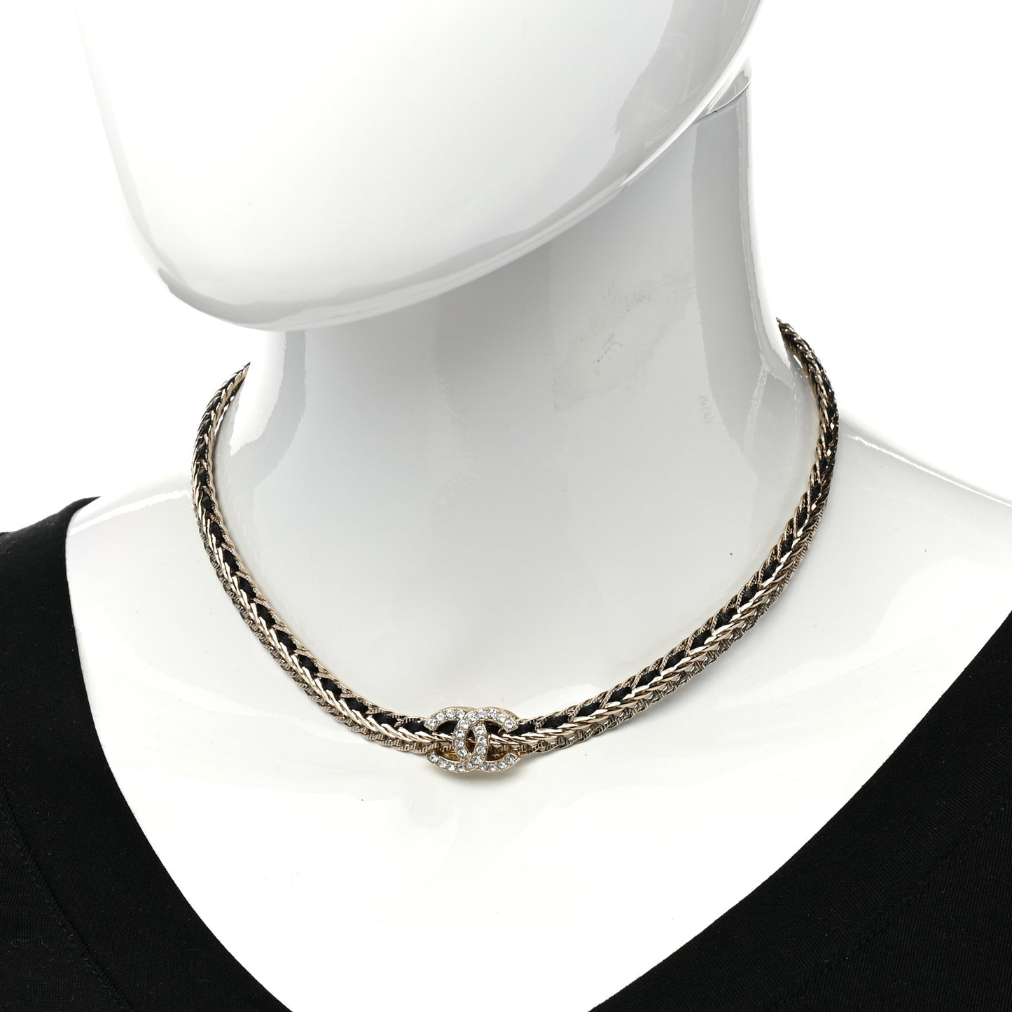 Metal Lambskin Crystal Chain CC Necklace Black Gold