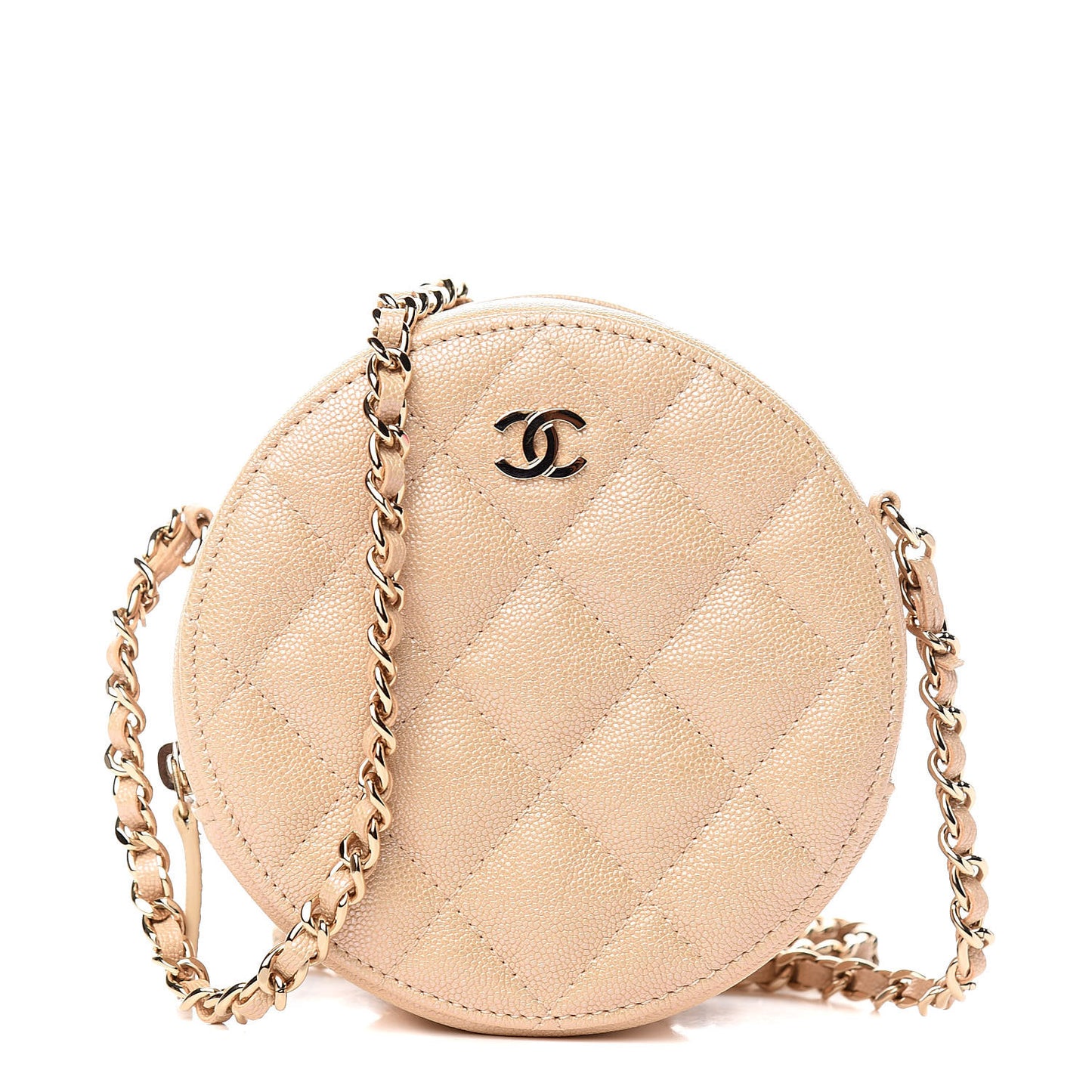 Iridescent Caviar Quilted Round Clutch With Chain Beige