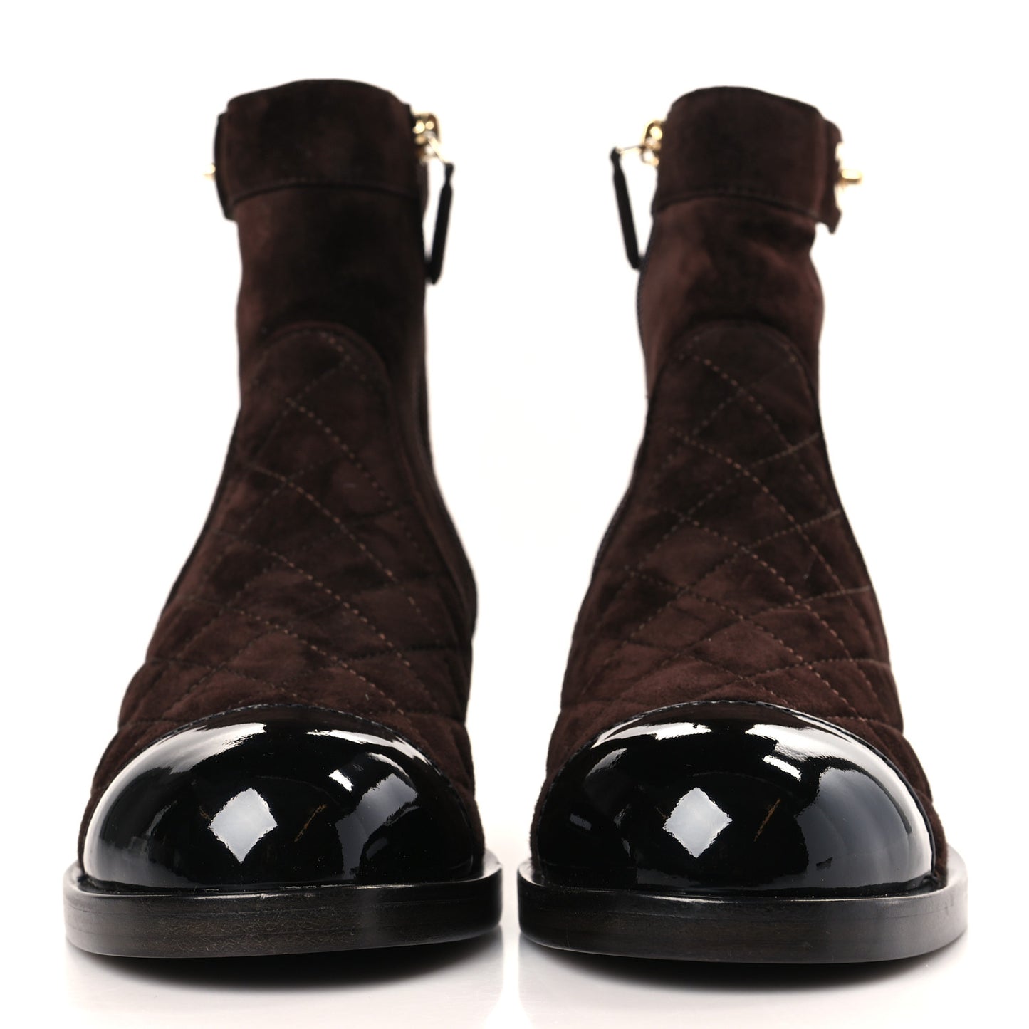 Suede Patent Calfskin Quilted Cap Toe Short Boots 38 Brown Black