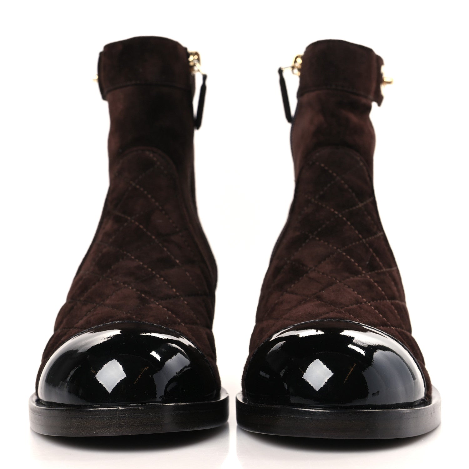 Chanel Suede Patent Calfskin Quilted Cap Toe Short Boots 38 Brown Black 2 of 9