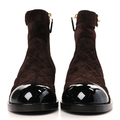 Chanel Suede Patent Calfskin Quilted Cap Toe Short Boots 38 Brown Black 2 of 9