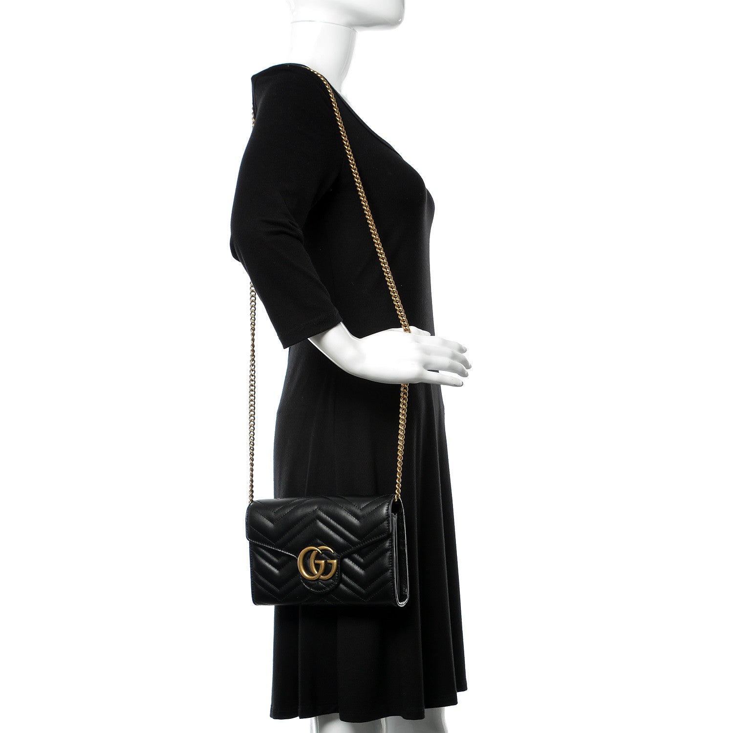 Gucci Calfskin Matelasse GG Marmont Chain Wallet Black 2 of 10