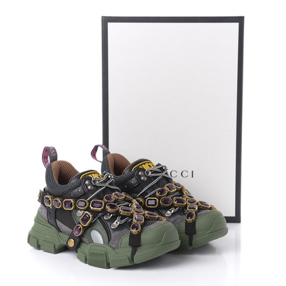 Gucci X SEGA Mesh Suede Calfskin Removable Crystals Flashtrek Sneakers 37 Loess Black Olive Green 9 of 10