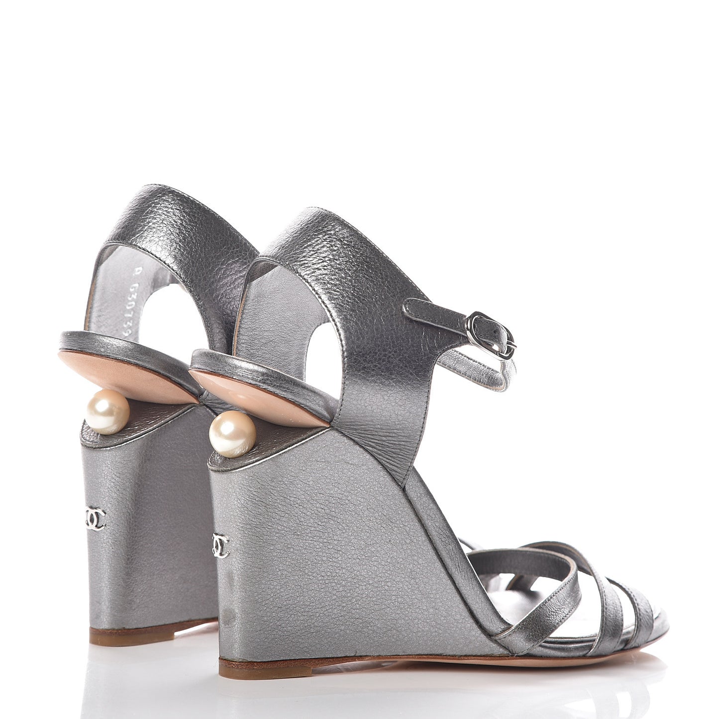 Metallic Calfskin Pearl Wedge Sandals 38 Dark Silver