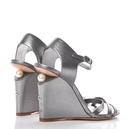 Chanel Metallic Calfskin Pearl Wedge Sandals 38 Dark Silver 4 of 10
