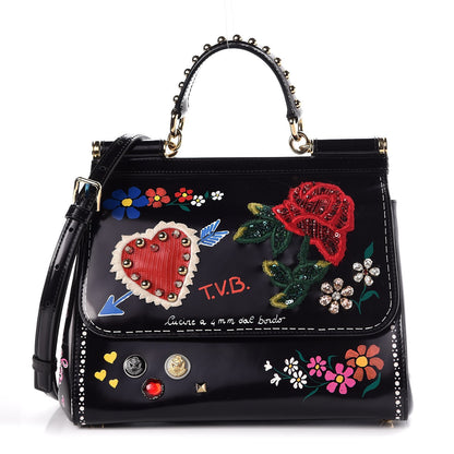 Dolce & Gabbana Glazed Calfskin Embroidered Medium Heart Flower Miss Sicily Satchel Black 1 of 10