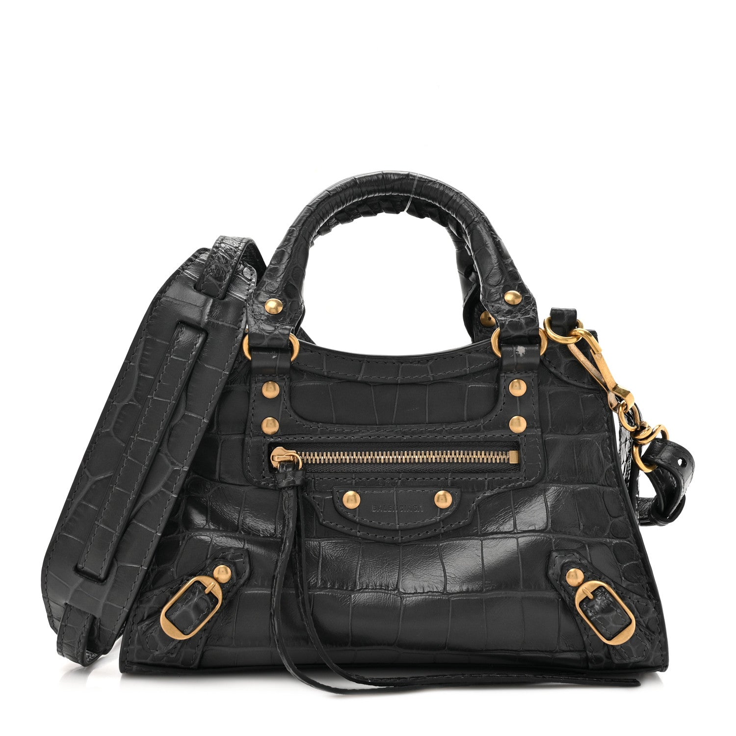 Balenciaga Shiny Supple Calfskin Crocodile Embossed Neo Classic Gold Hardware Mini City Black 1 of 13