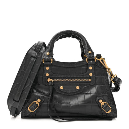 Balenciaga Shiny Supple Calfskin Crocodile Embossed Neo Classic Gold Hardware Mini City Black 1 of 13