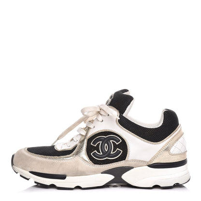 Chanel Suede Calfskin Womens CC Sneakers 37.5 Black White Gold 1 of 7