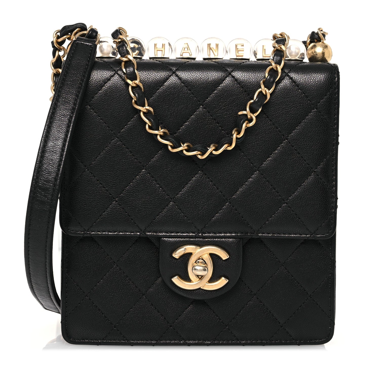 Lambskin Quilted Chic Pearls Flap Black