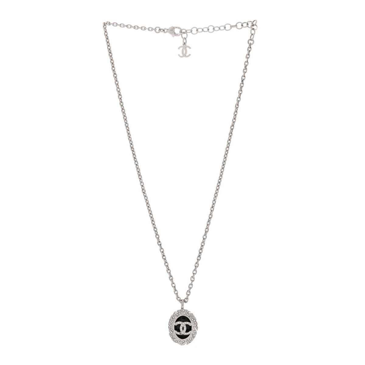 Metal Resin Crystal CC Oval Necklace Silver Black