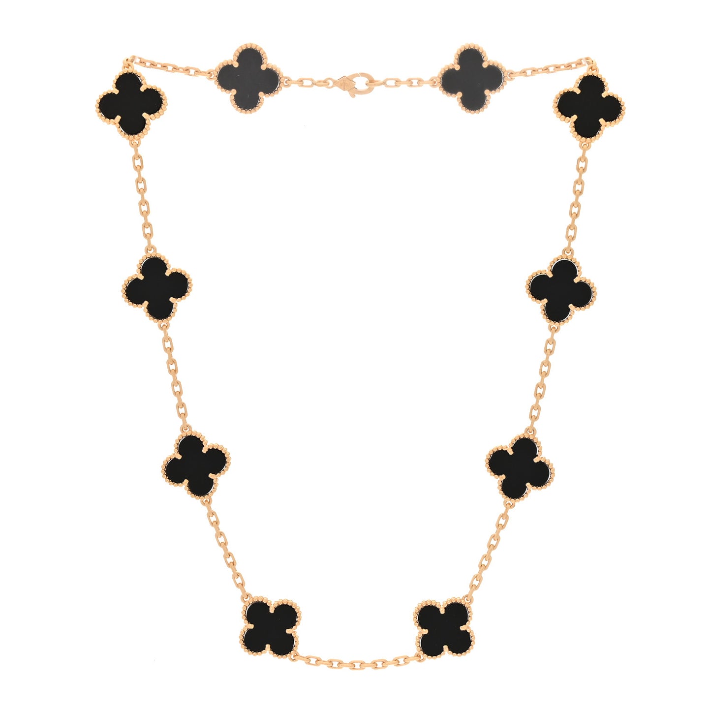 18K Yellow Gold Black Onyx 10 Motifs Vintage Alhambra Necklace