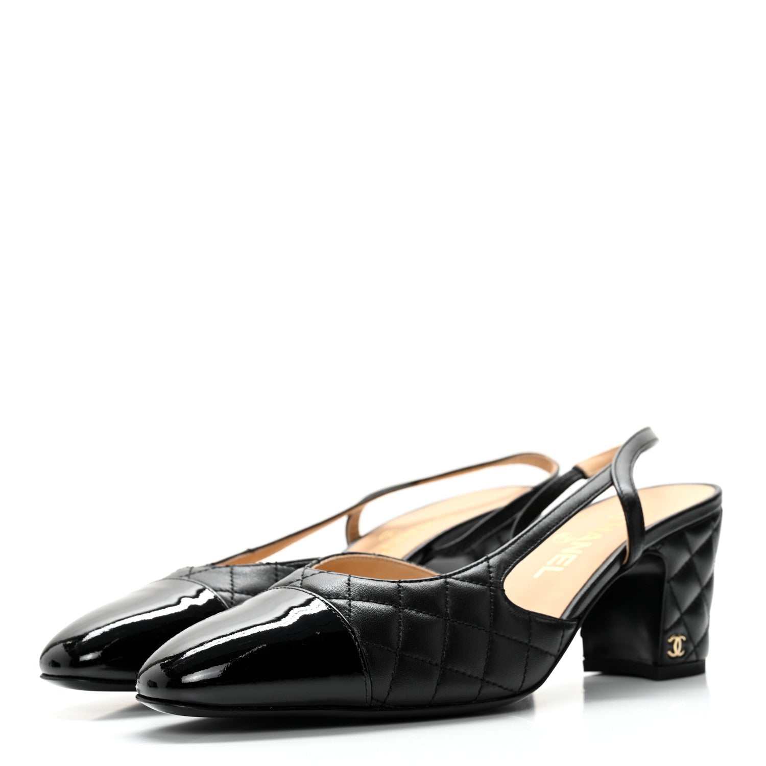 Chanel Lambskin Patent Calfskin Quilted Cap Toe CC Slingback Pumps 39.5 Black 3 of 9