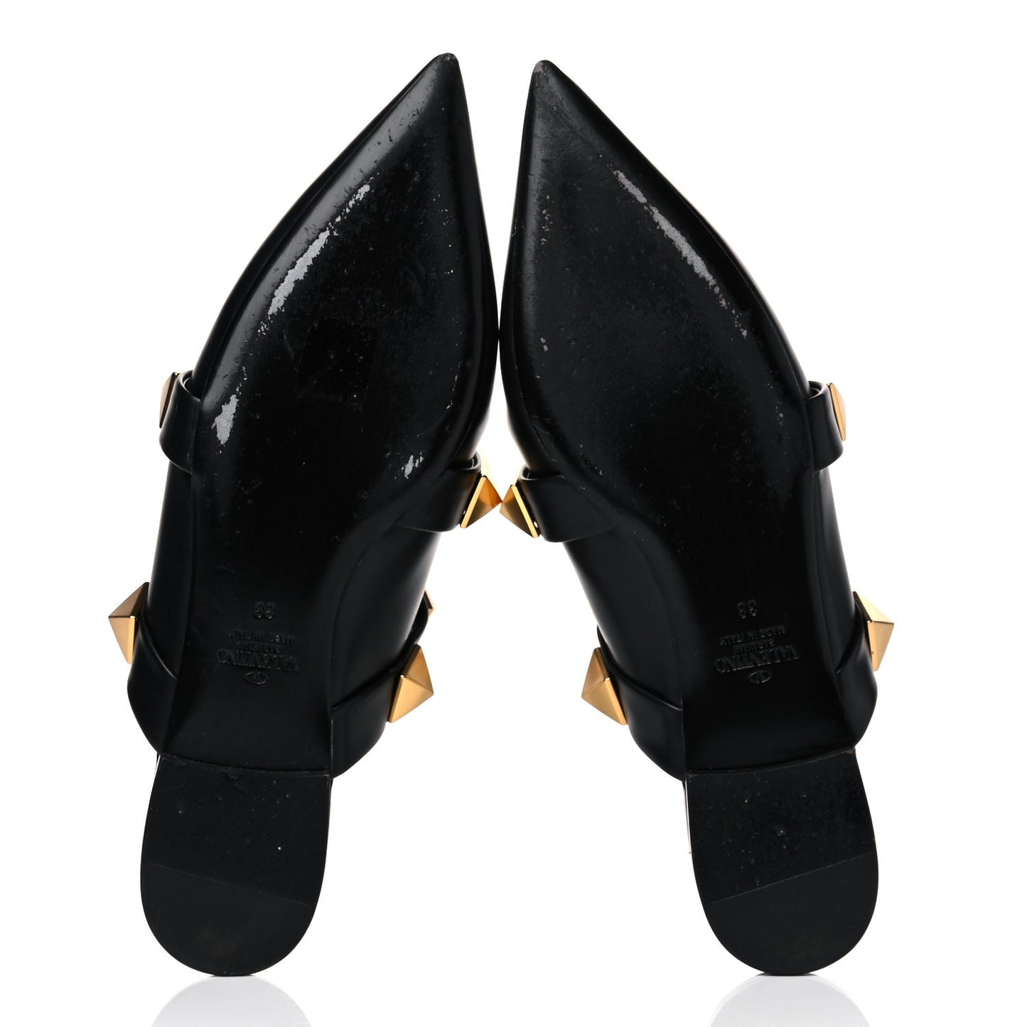 Calfskin Roman Stud Flat Mules 38 Black
