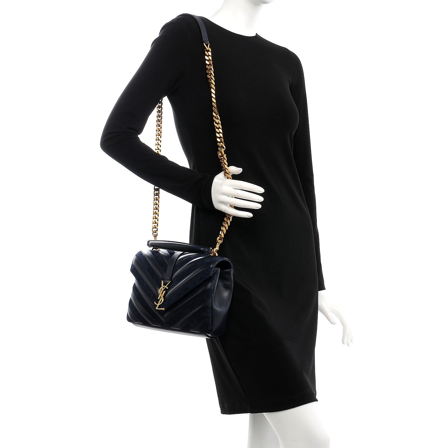 Saint Laurent Calfskin Suede Matelasse Chevron Monogram Medium College Bag Marine 2 of 9