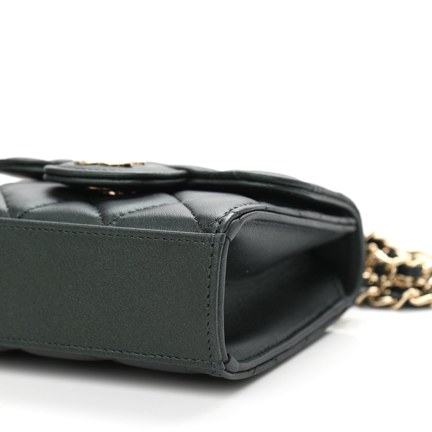 Iridescent Lambskin Quilted Top Handle Flap Clutch With Chain Dark Green