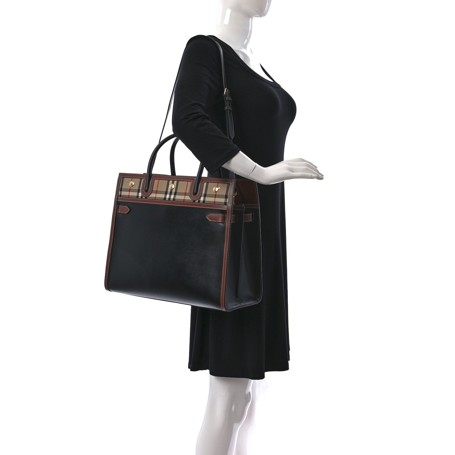 Burberry Calfskin Vintage Check Small Two Handle Title Bag Black 2 of 7