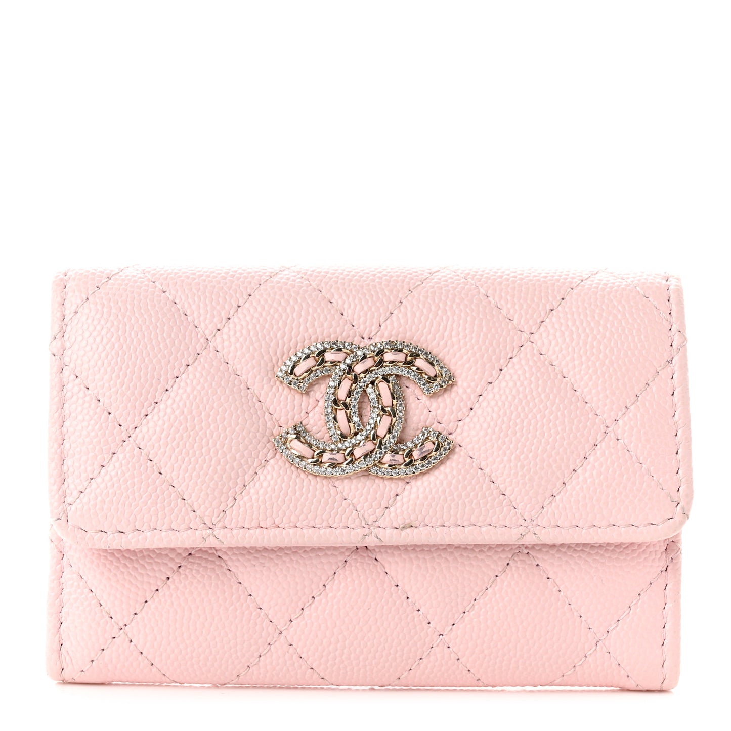 Caviar Quilted Crystal CC Flap Card Holder Pink