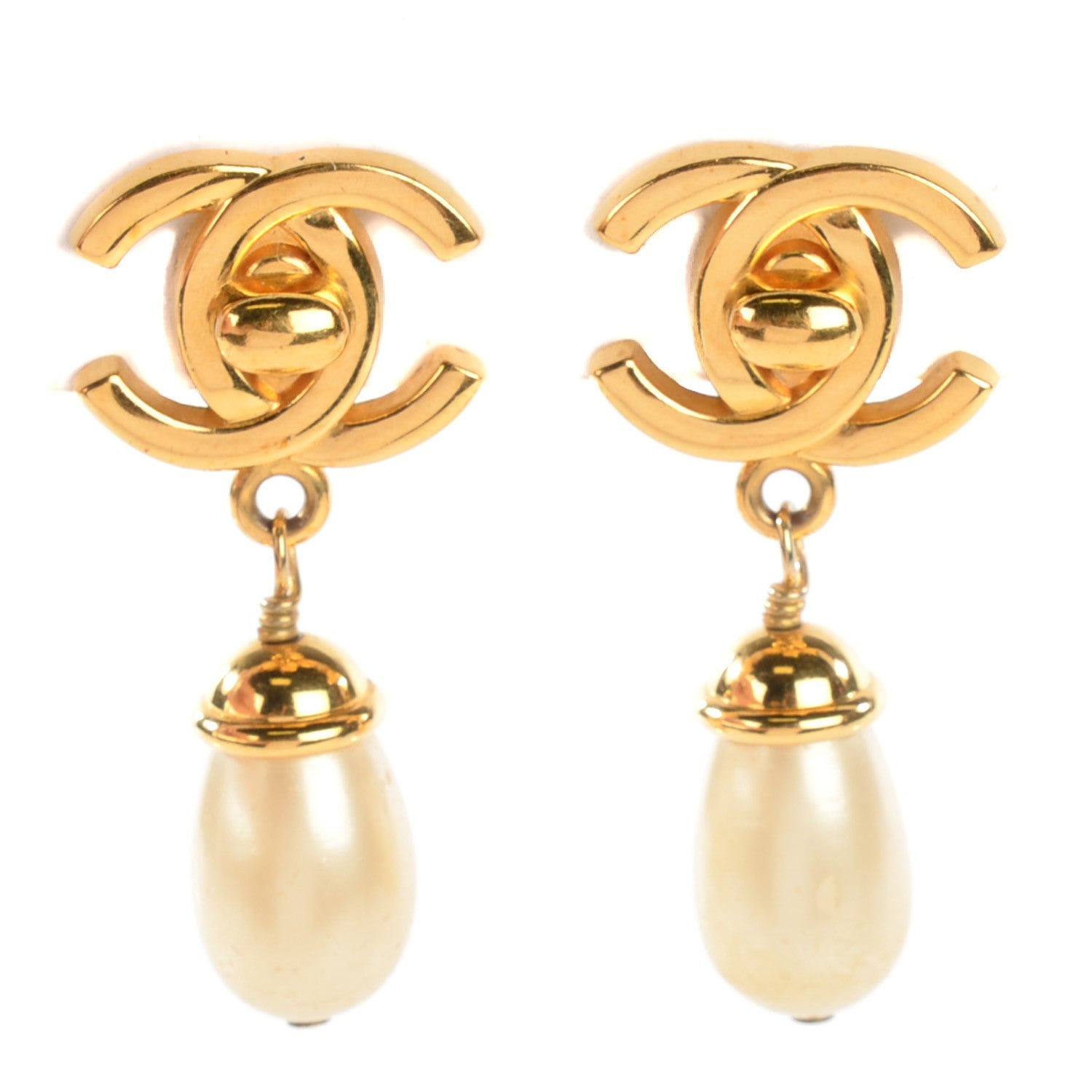 Chanel Pearl CC Turnlock Drop Clip On Earrings Gold 1 of 8