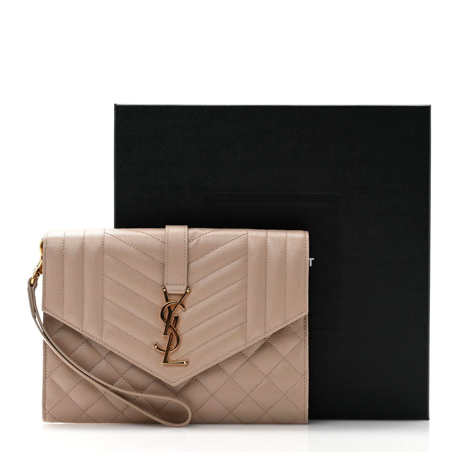 Saint Laurent Grain De Poudre Textured Mixed Matelasse Triquilt Monogram Clutch Dark Beige 9 of 9