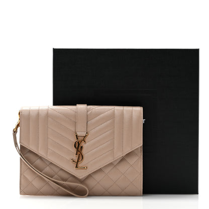 Saint Laurent Grain De Poudre Textured Mixed Matelasse Triquilt Monogram Clutch Dark Beige 9 of 9