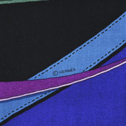 Hermes Cashmere Silk La Promenade Du Matin Shawl 140 Capucine Iris Black 3 of 4