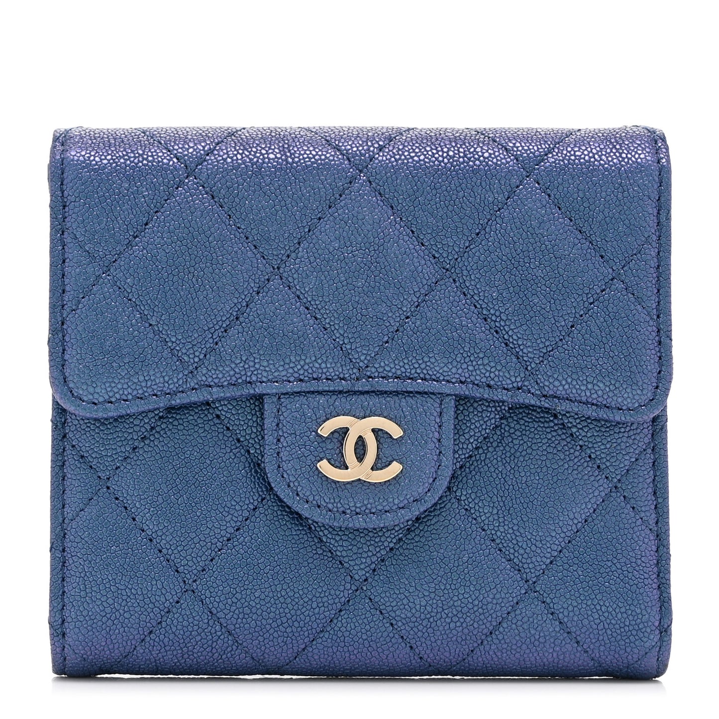 Iridescent Caviar Flap Quilted Card Holder Wallet Dark Blue