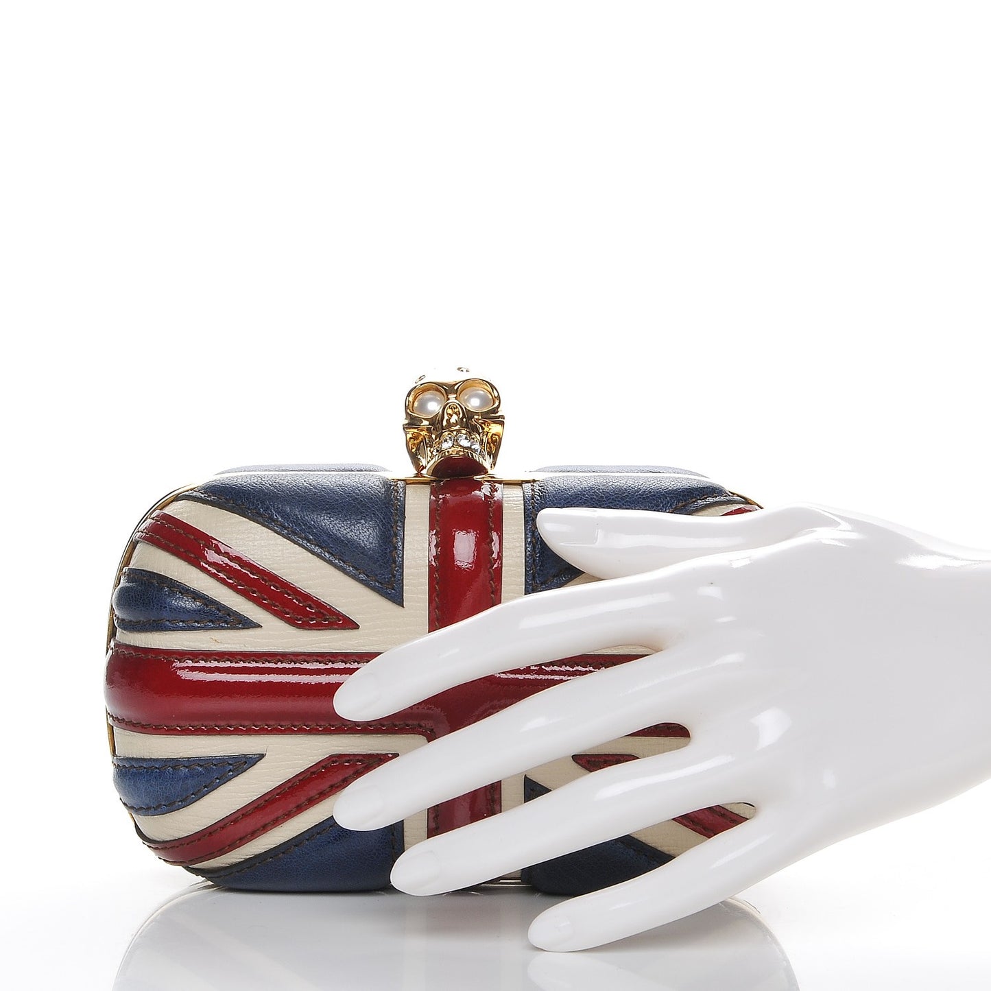 Patent Calfskin Britannia Skull Box Clutch Red Blue