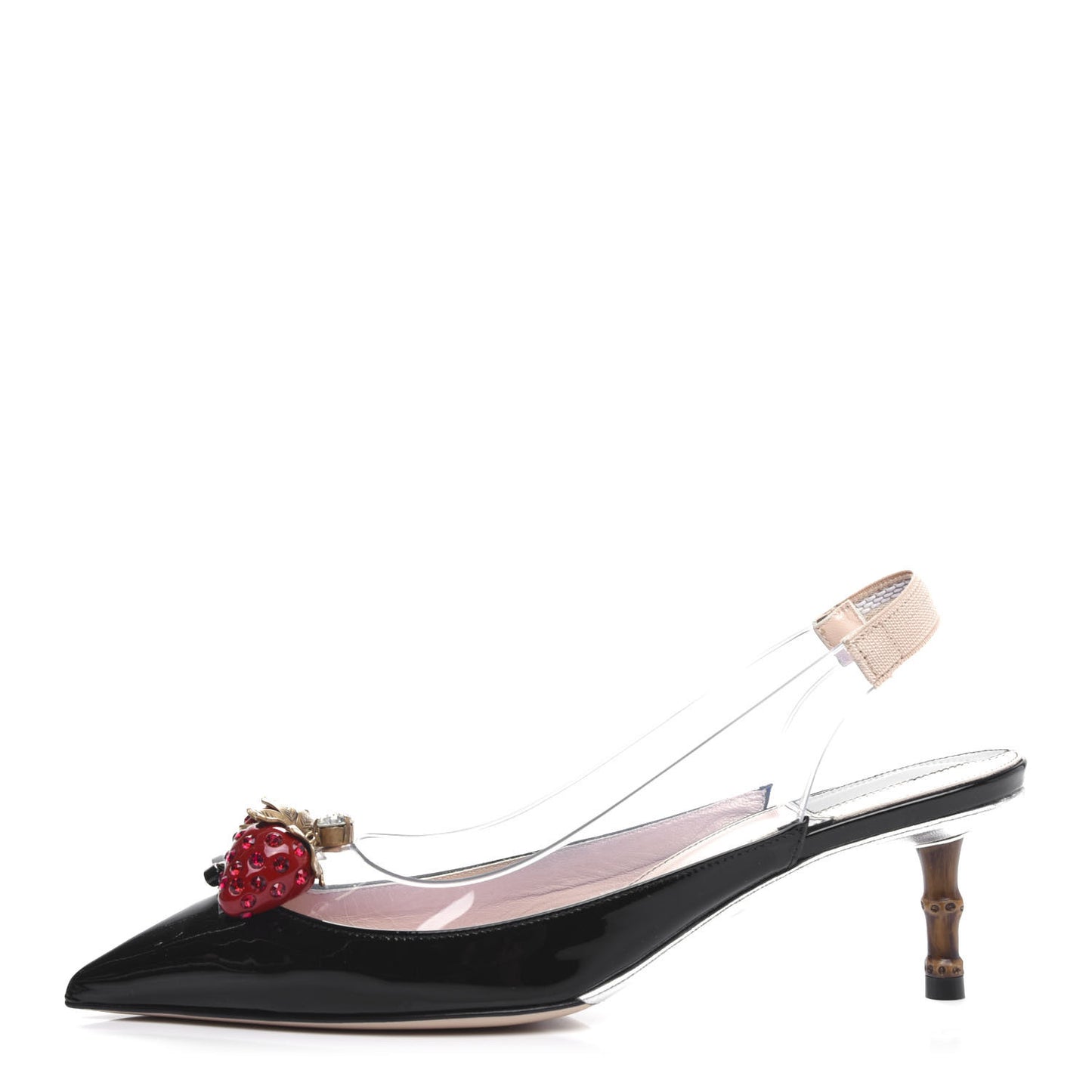 Patent PVC Bamboo Crystal Strawberry Eleonor Low Heel Slingback Pumps 37 Black