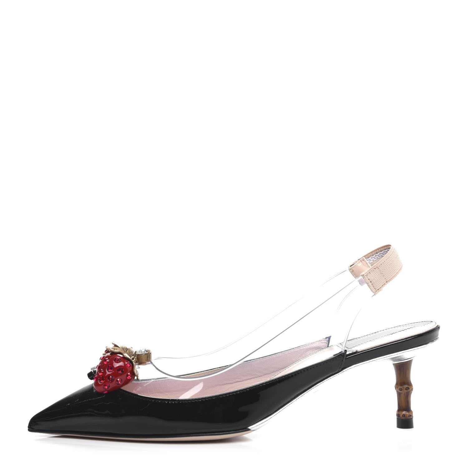 Gucci Patent PVC Bamboo Crystal Strawberry Eleonor Low Heel Slingback Pumps 37 Black 1 of 10