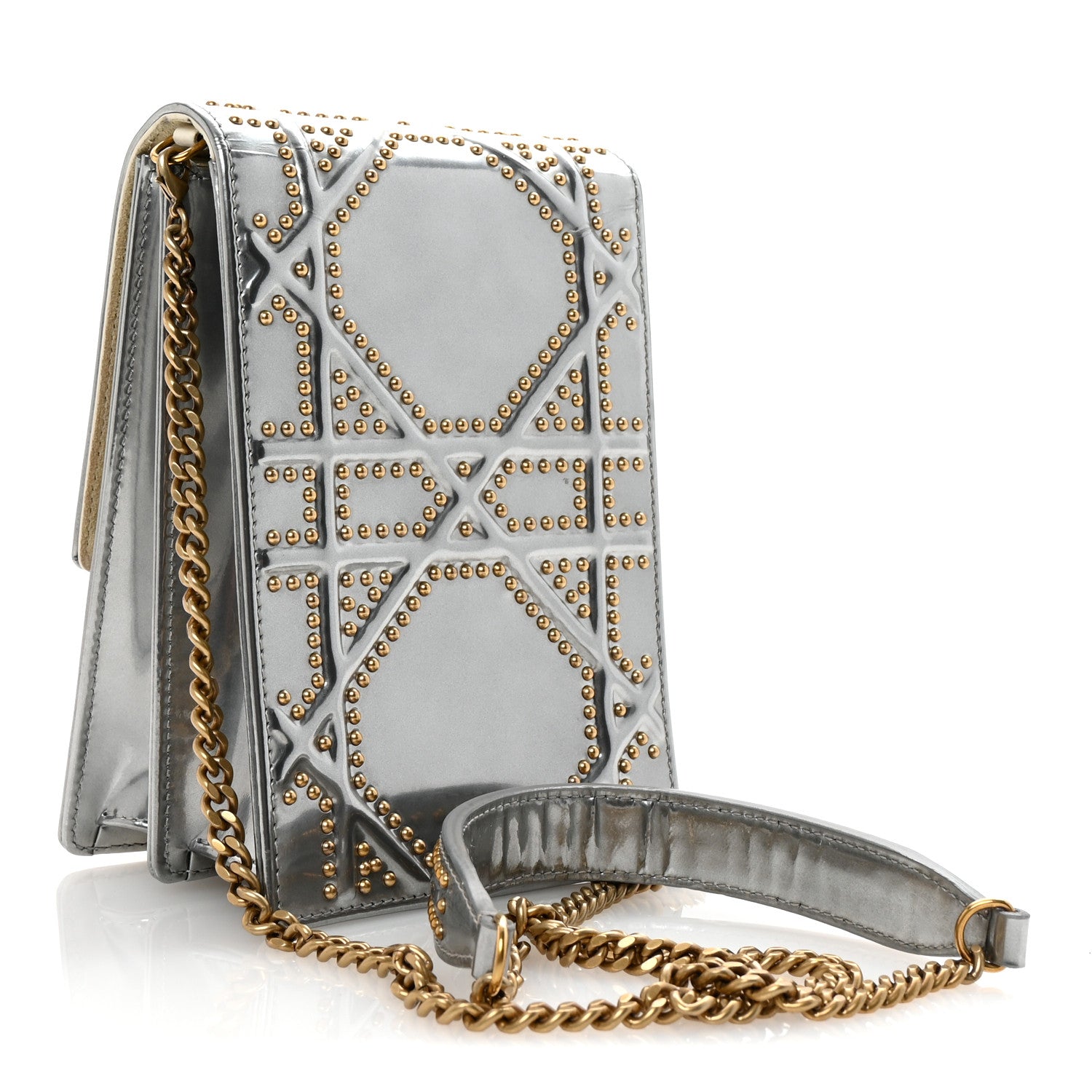 Christian Dior Metallic Calfskin Studded Vertical Diorama Silver 3 of 9