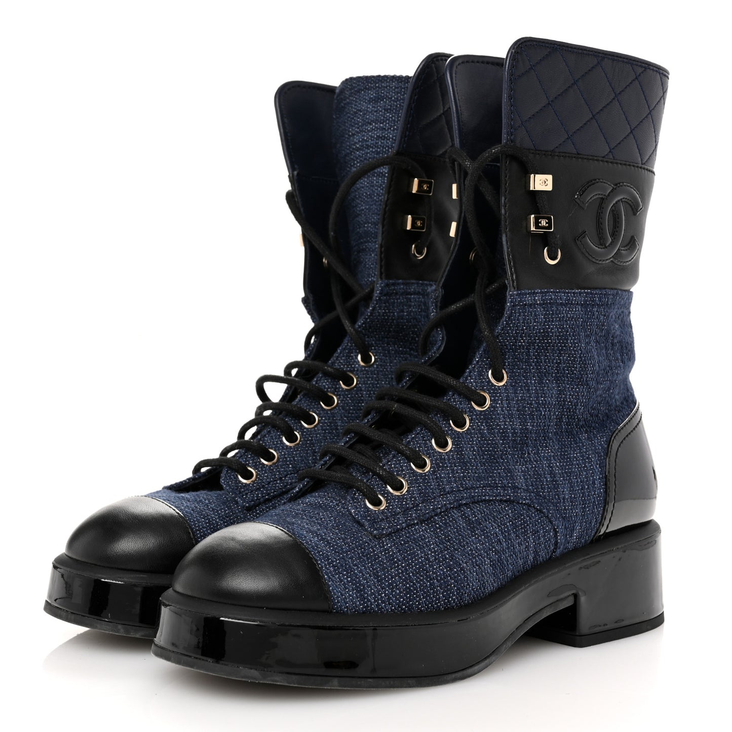 Fabric Patent Lambskin Quilted CC Lace Up Combat Boots 37 Navy Blue Black