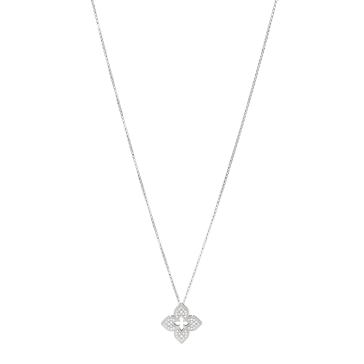 18K White Gold Diamond Medium Venetian Princess Flower Pave Pendant Necklace