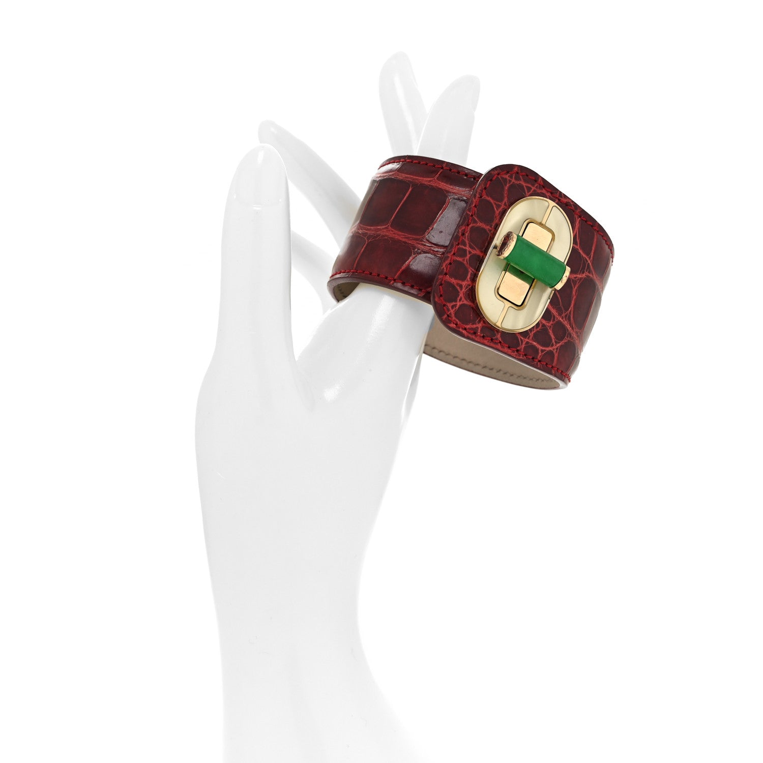 Bulgari Shiny Alligator Mother Of Pearl Jade Cuff Bracelet Red 2 of 5