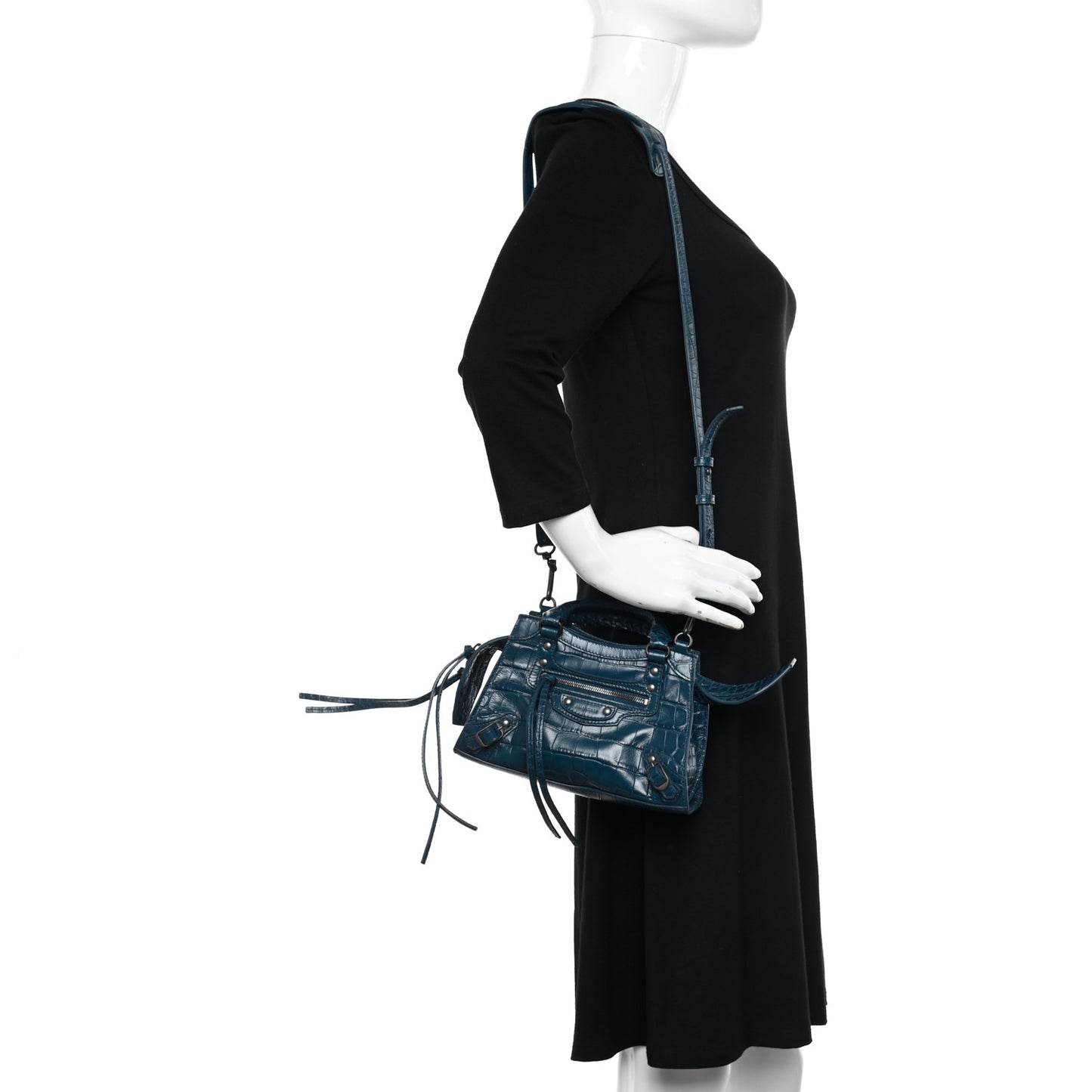 Calfskin Crocodile Embossed Neo Classic Silver Hardware Mini City Dark Petrol Blue